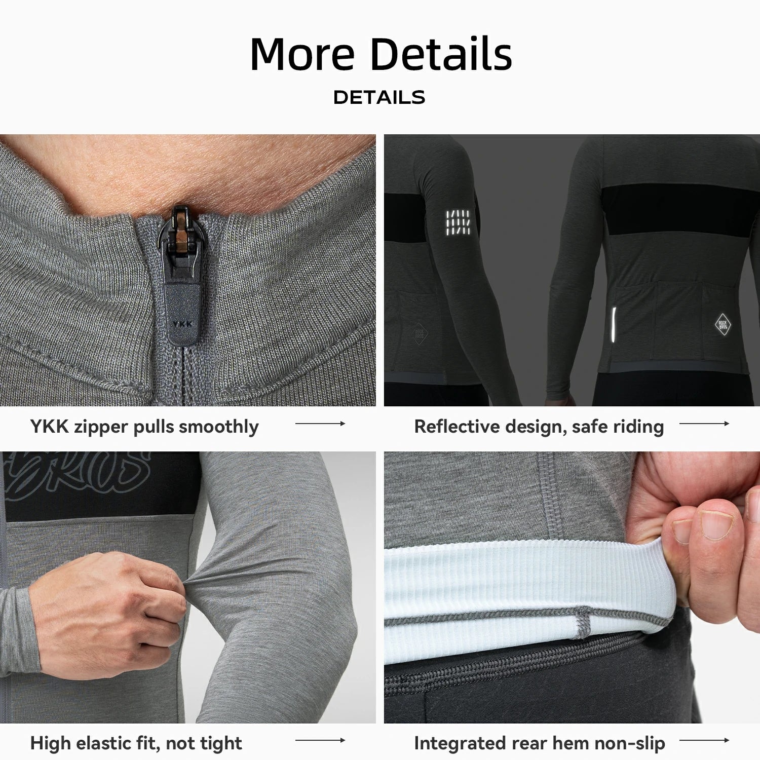 Product details of a gray cycling outfit with YKK zipper, reflective design, high elastic fit, and non-slip rear hem.