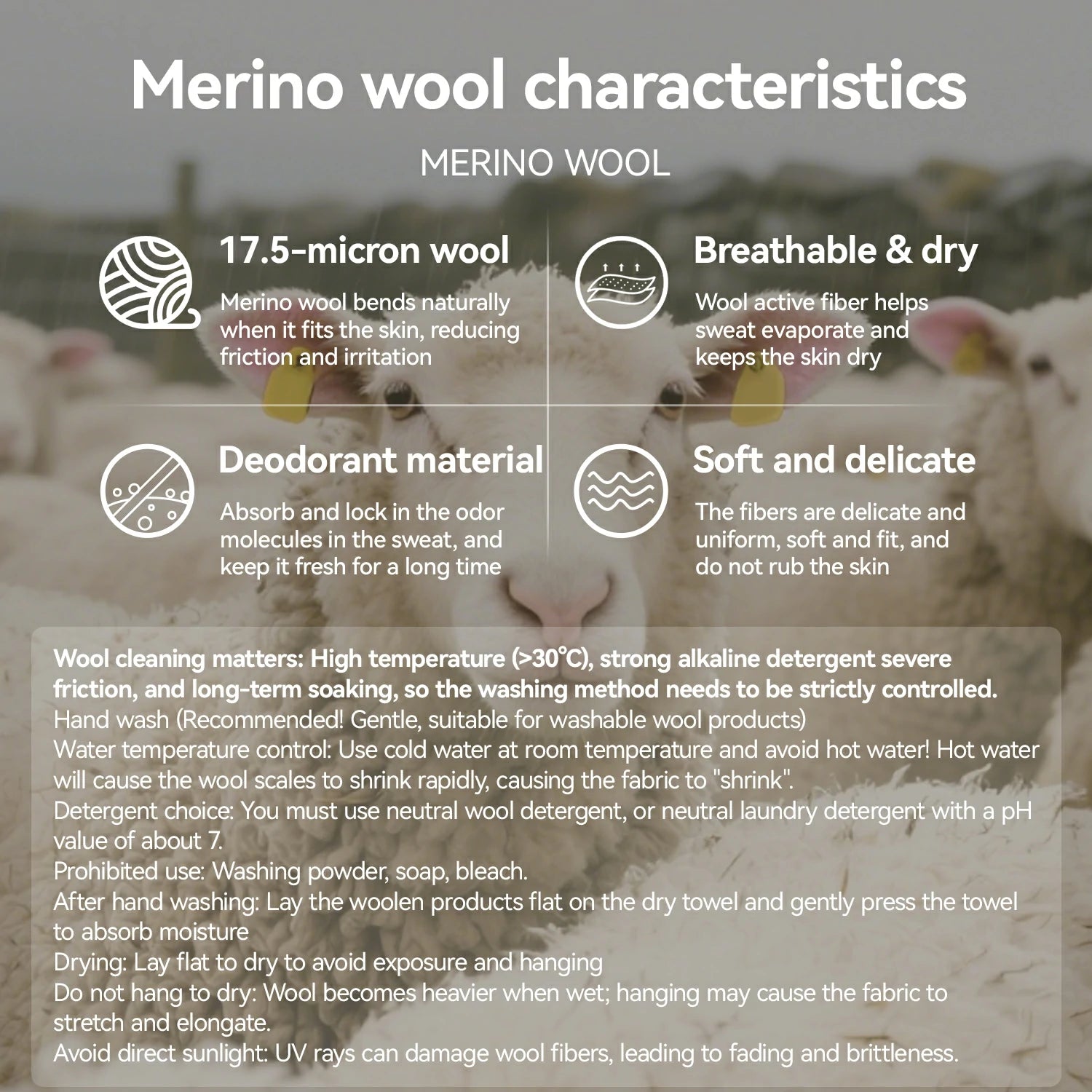 Merino wool characteristics with text overlay on a blurred background of sheep.