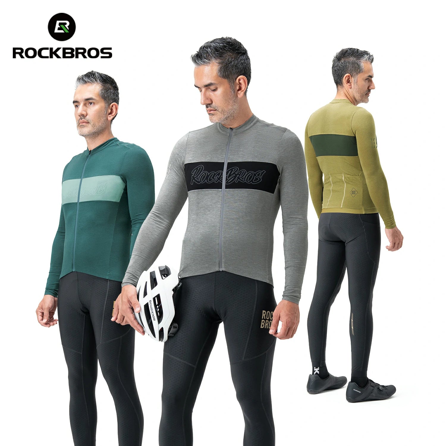 Three men wearing RockBros cycling outfits on a white background