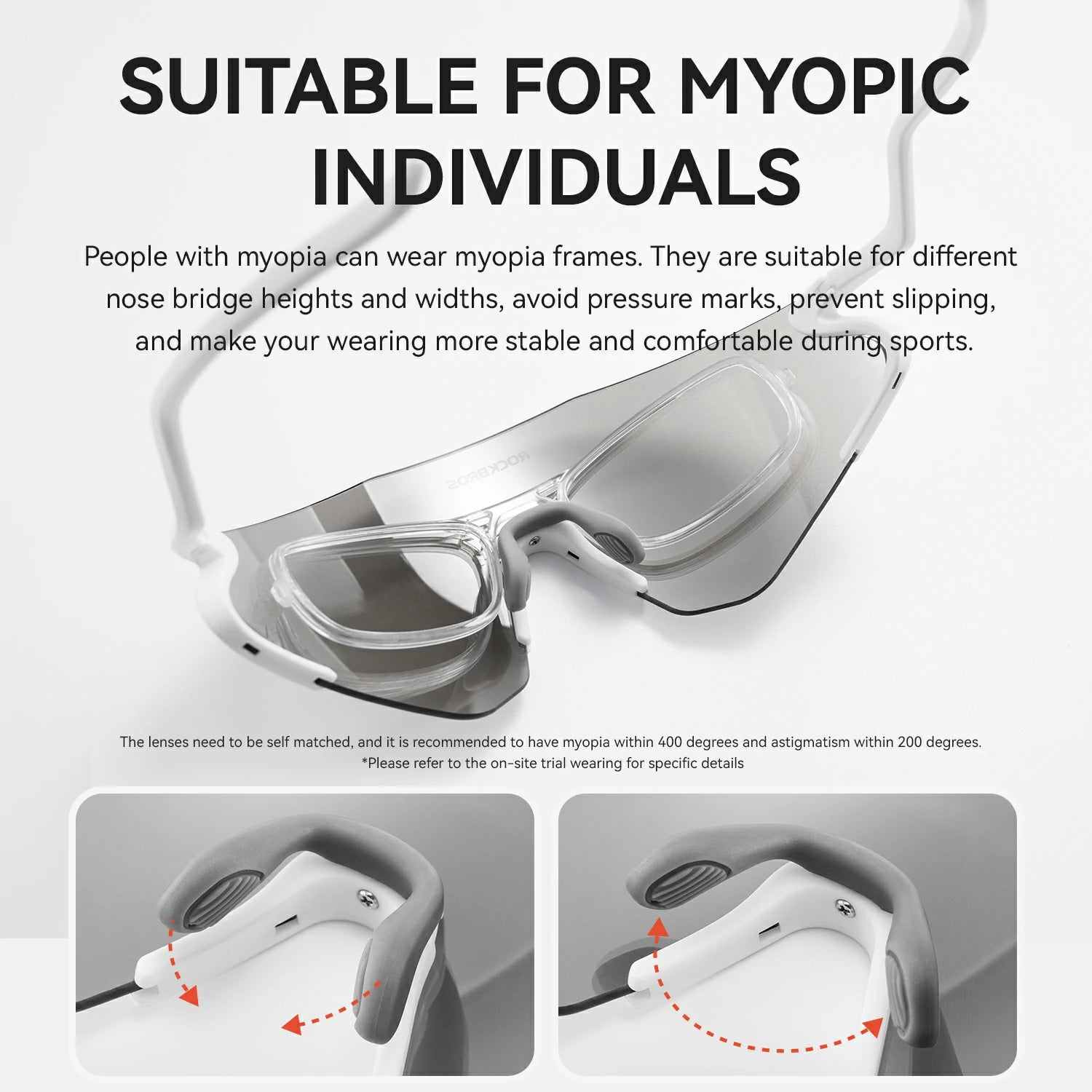 Myopia glasses with text explaining suitability for myopic individuals on a white background