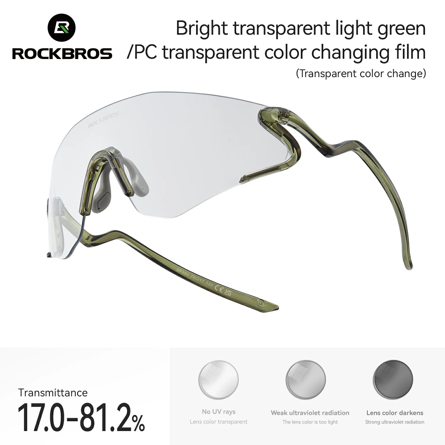Sunglasses with transparent light green film on a white background, featuring the brand 'RockBros'. #Color_Green