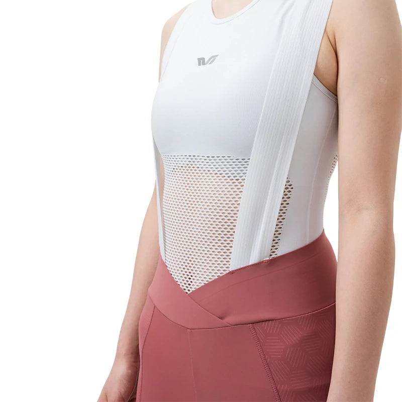 White athletic tank top with mesh panels and pink leggings on a white background #color_Pink