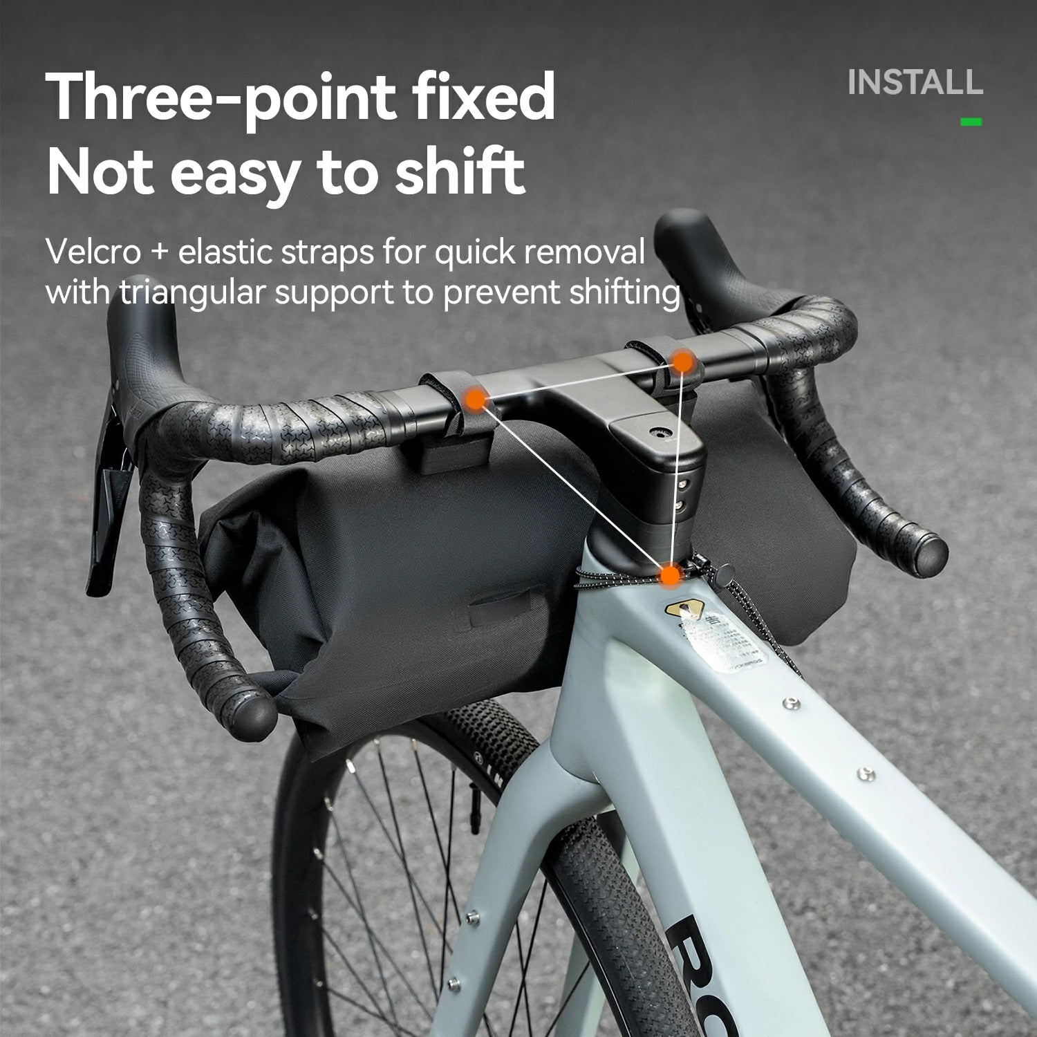 Bicycle handlebar with a mount and text explaining its features on a gray background
