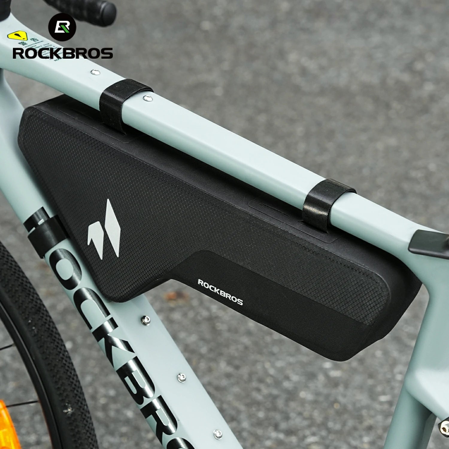 Bicycle handlebar with a black bag and 'RockBros' branding.