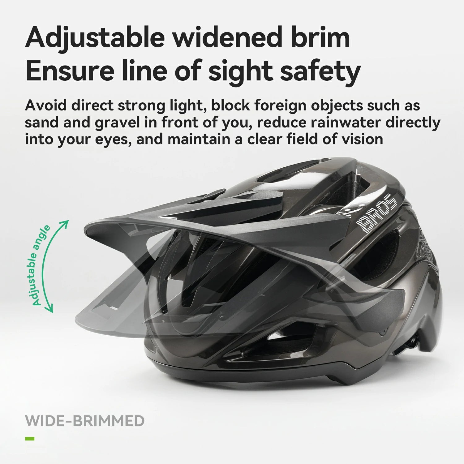 Black wide-brimmed helmet with text on safety features on a white background