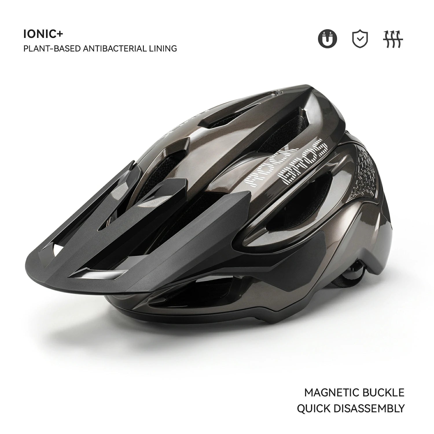 Black helmet with text indicating plant-based antibacterial lining and magnetic buckle on a white background #Color_Titanium
