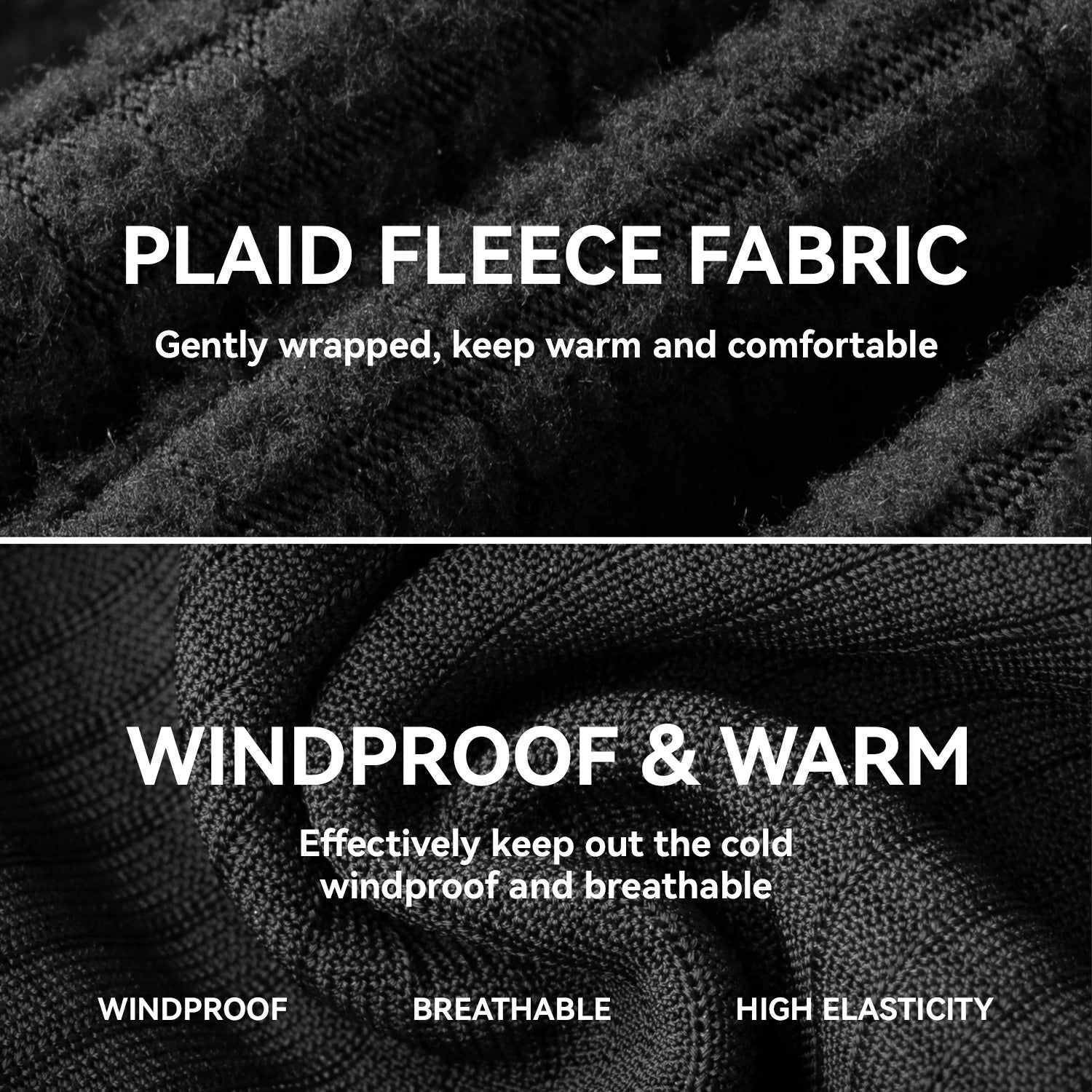 Text describing plaid fleece fabric with features like windproof, warm, breathable, and high elasticity.