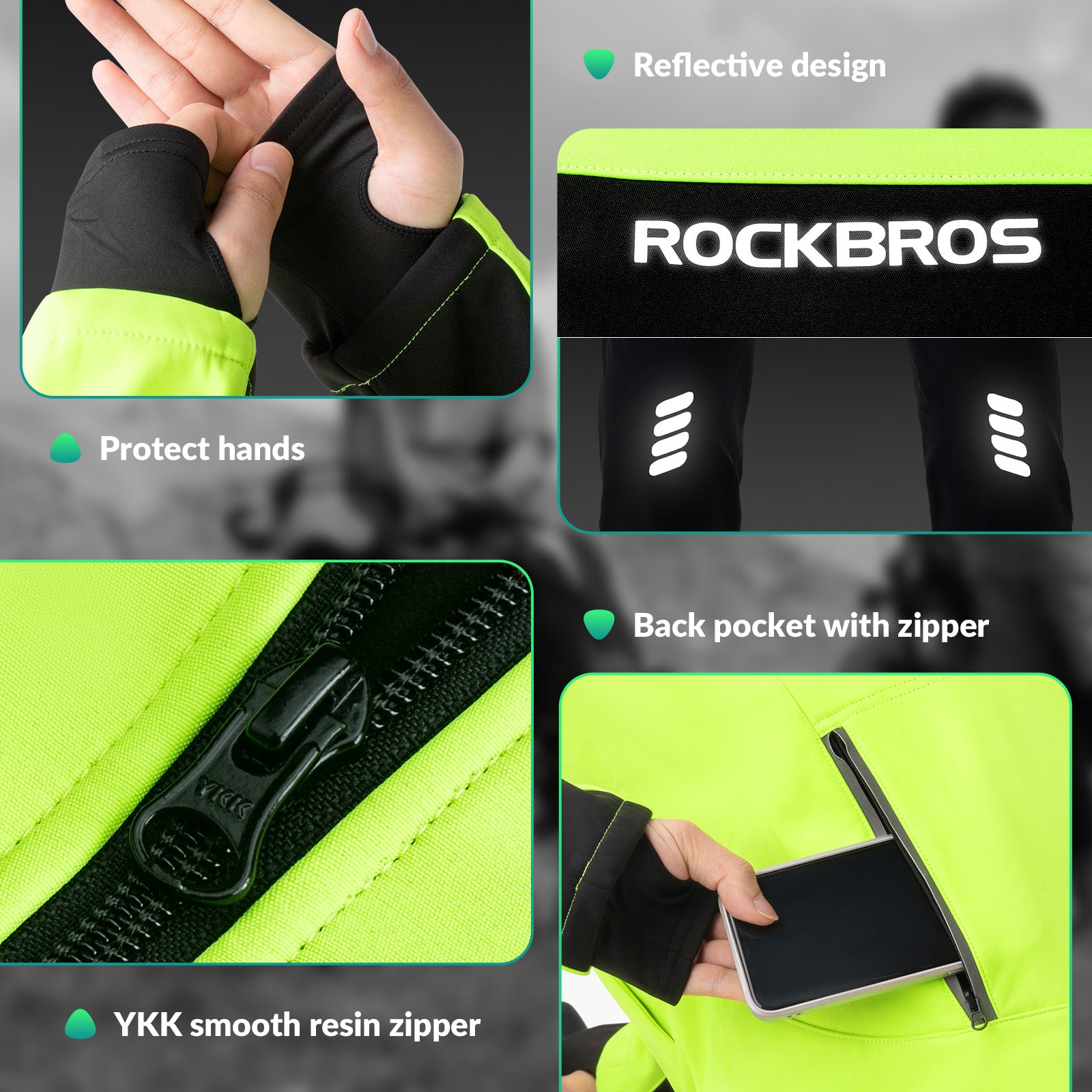 Reflective design jacket with Rockbros branding, showing features like a back pocket with zipper and YKK smooth resin zipper.