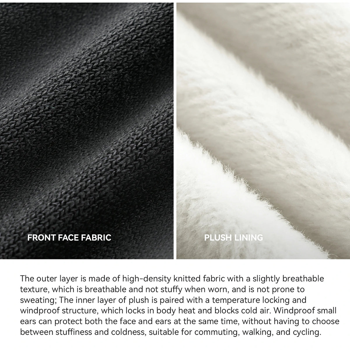 Close-up of knitted outer fabric and soft plush lining