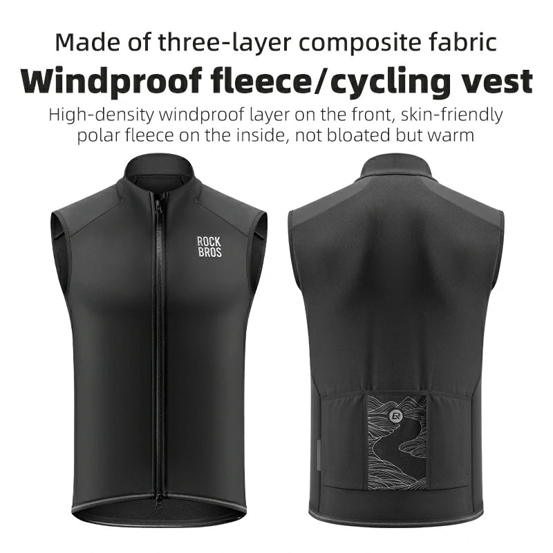 Black windproof cycling vest with front and back views on a white background