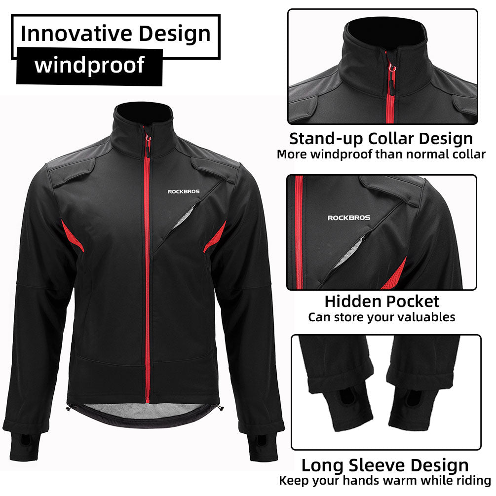Black windproof jacket with red accents featuring stand-up collar, hidden pocket, and long sleeve design