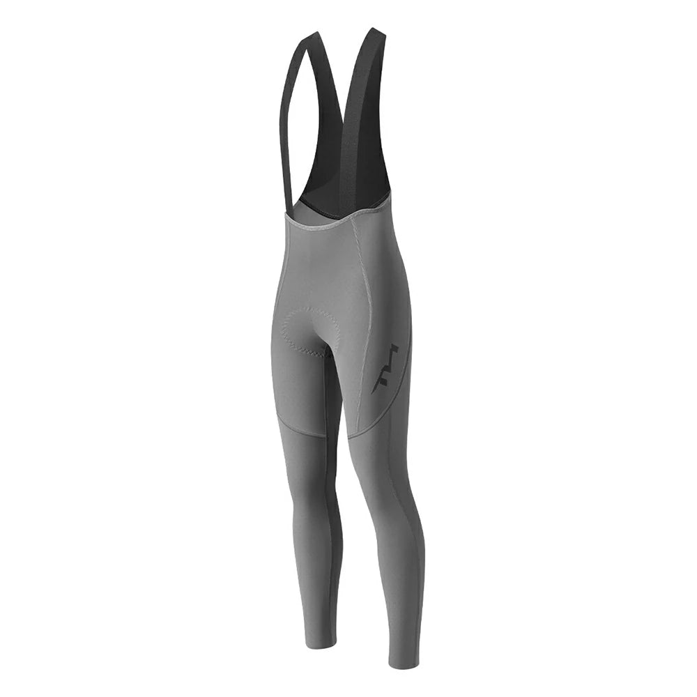 Gray and black cycling bib tights with a visible black TVI logo on the left thigh, shown from the back on a solid white background.