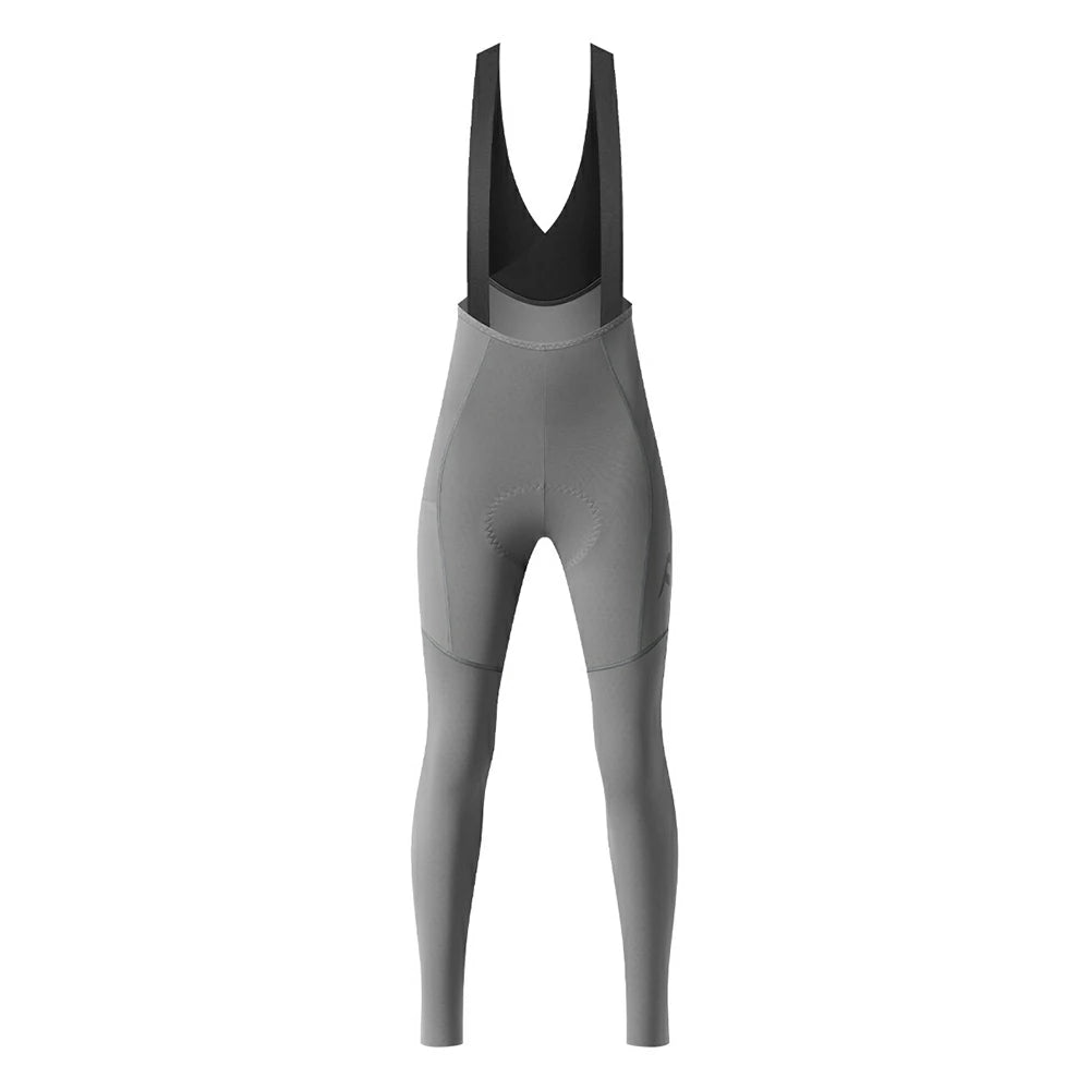 A pair of gray cycling bib tights with a black V-neck bib insert, shown flat against a solid white background.
