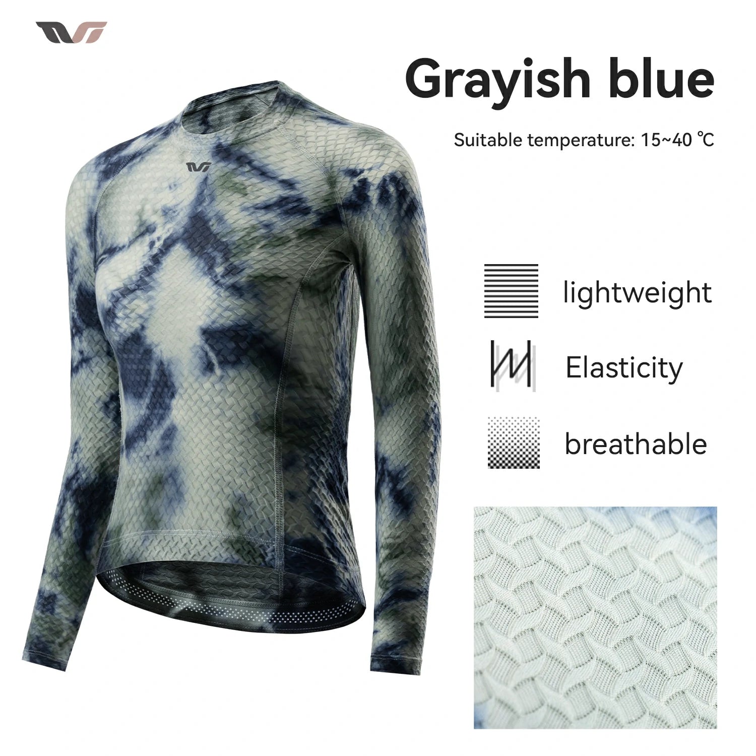 A long-sleeve athletic top shown on a white background with text reading 'Grayish blue' and feature callouts including lightweight, elasticity, and breathable. A small logo is visible near the collar, and a fabric close-up appears in the lower right. #Color_Gray