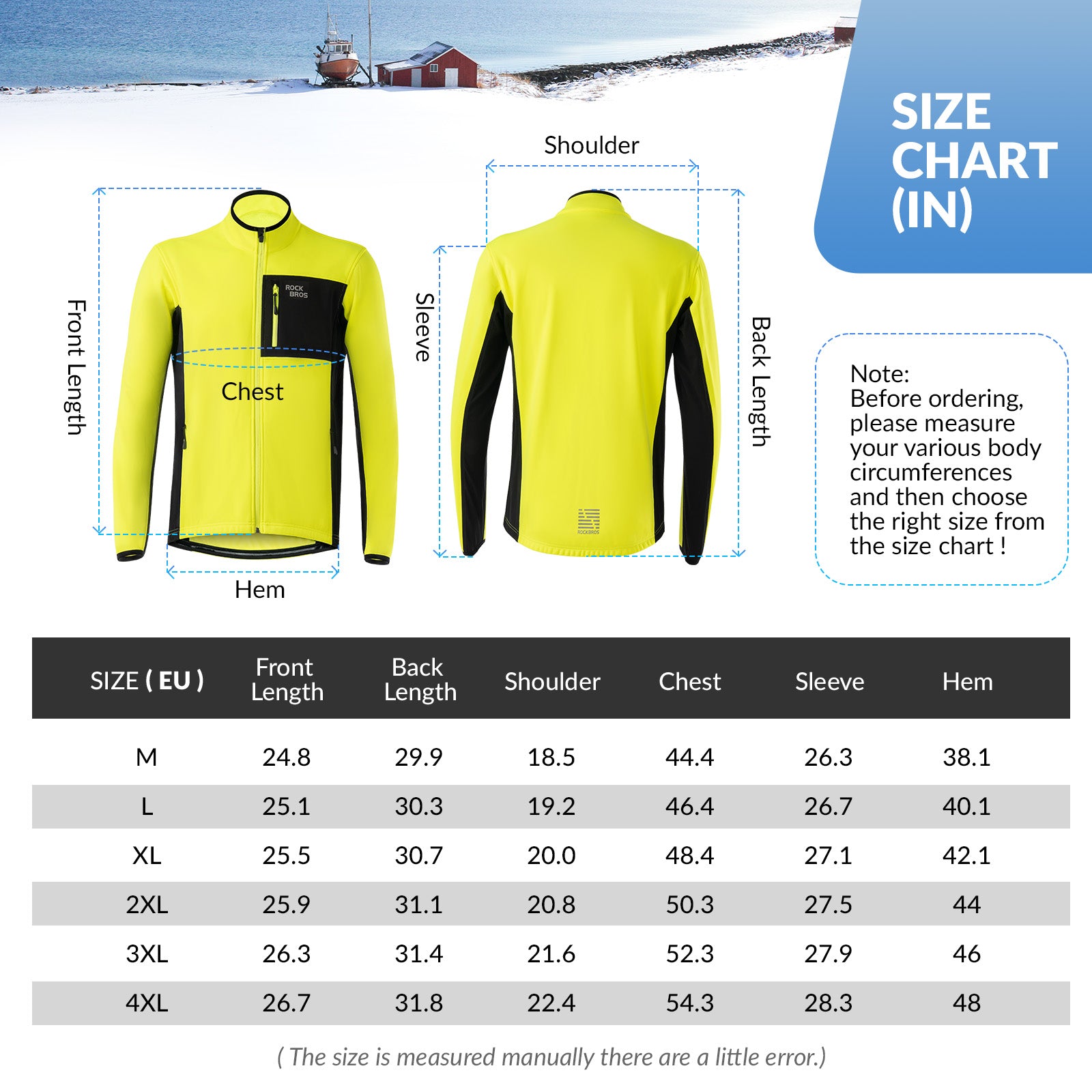 Yellow jacket with measurement chart and size chart