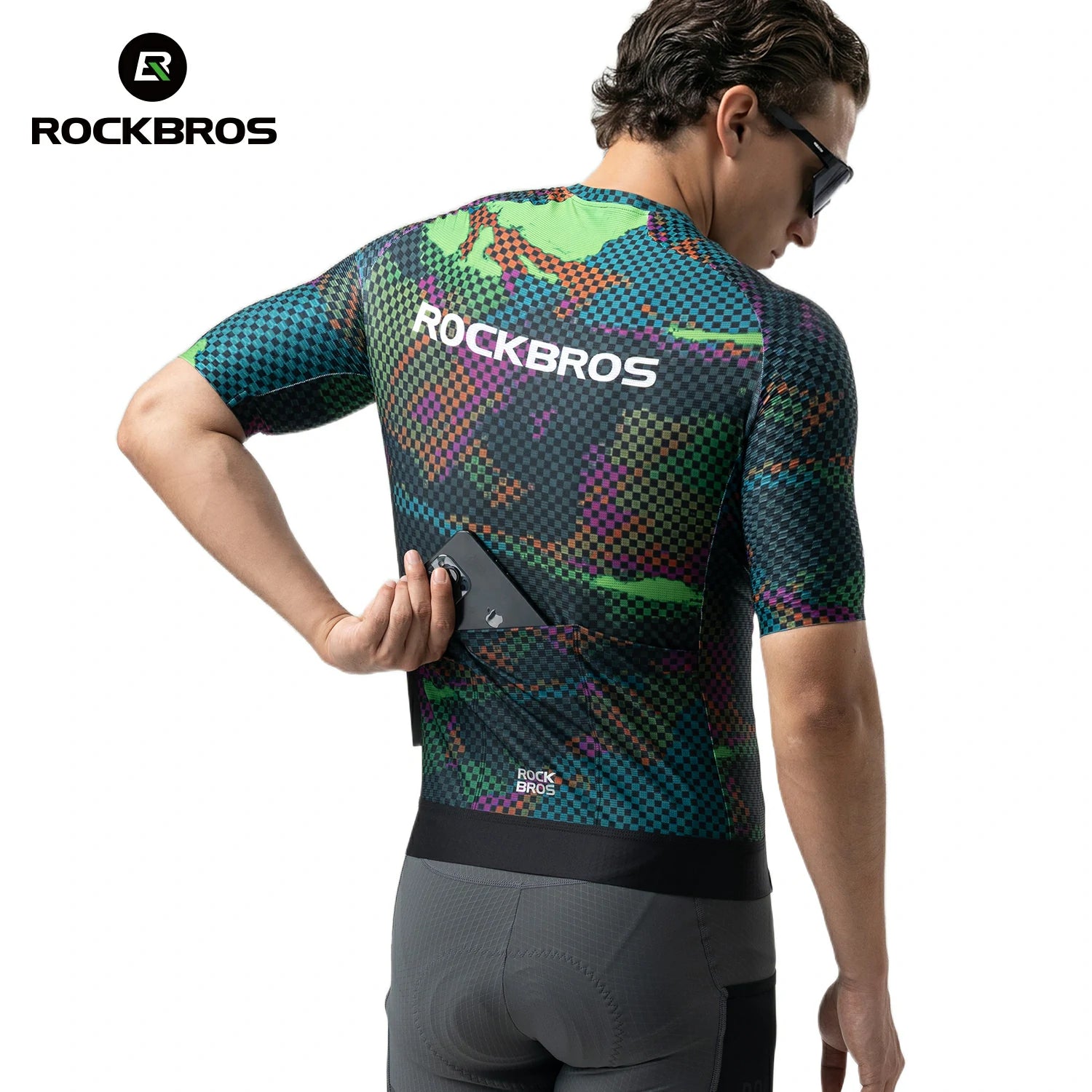 Person wearing a colorful cycling jersey with 'RockBros' branding on a white background