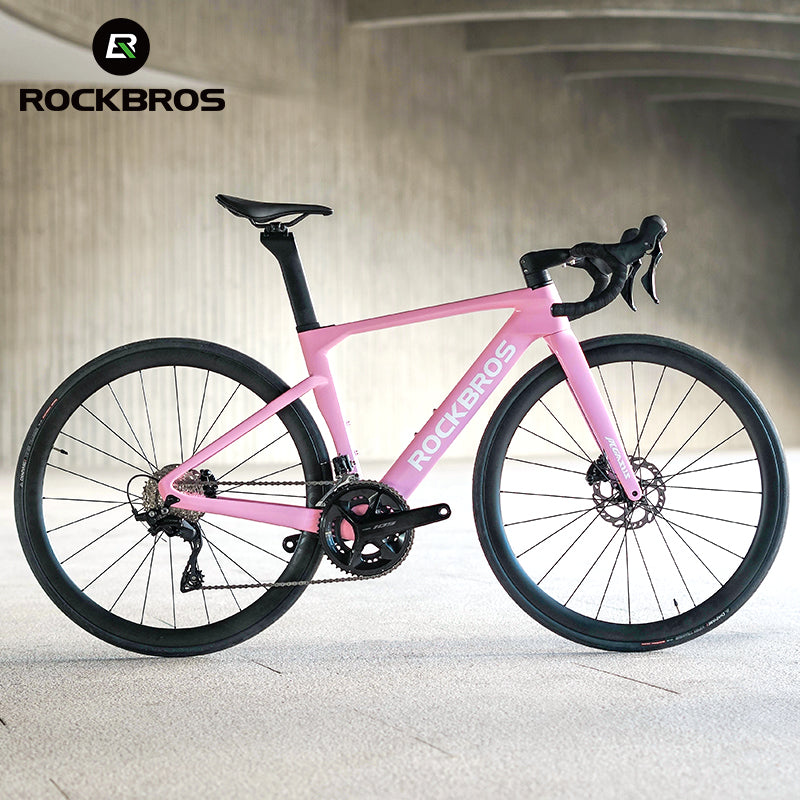 ROCKBROS T700 Carbon Fiber Aerodynamic Road Bike 105 Electronic Shifting Disc Brakes Pink