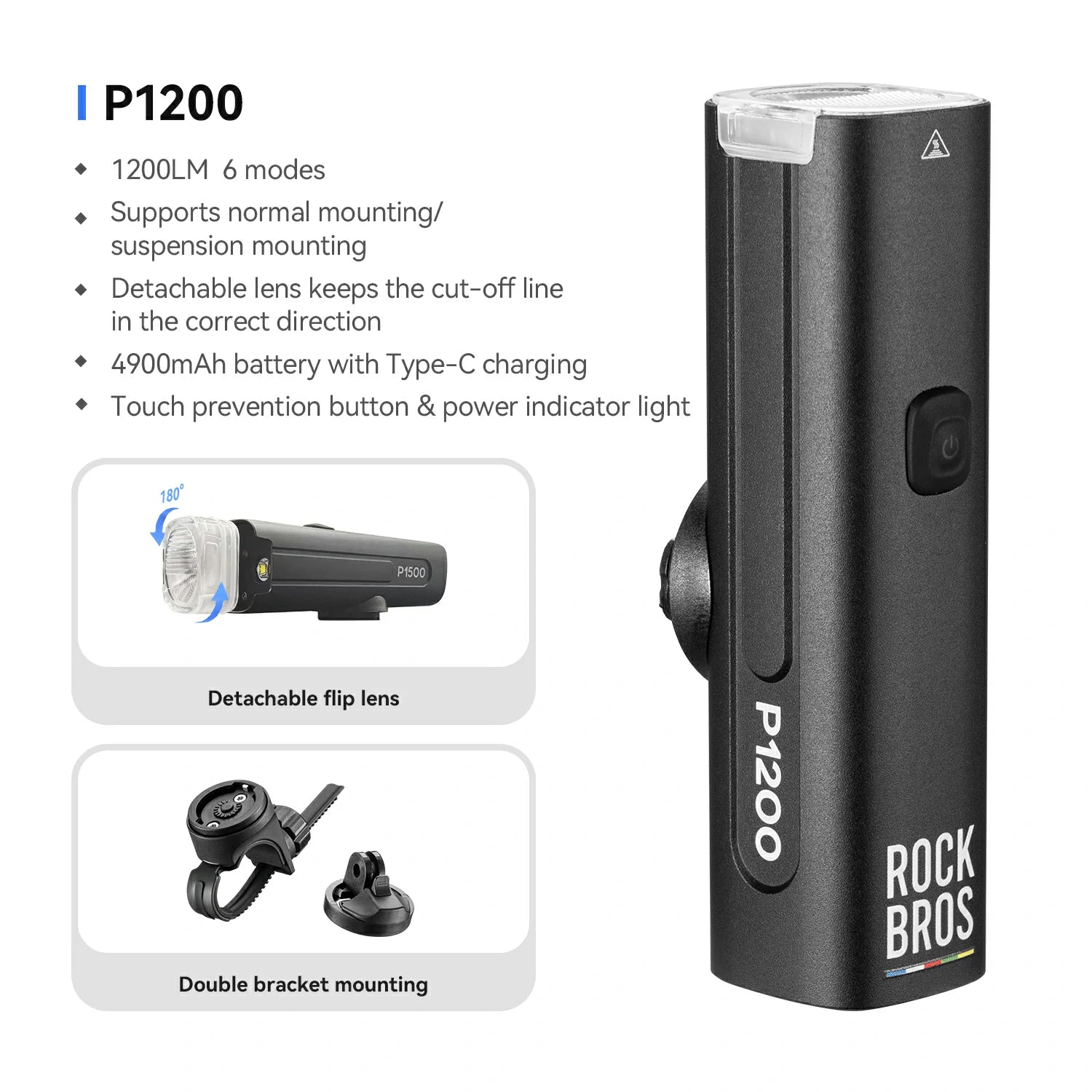 Black flashlight with features listed on a white background, featuring 'RockBros' branding.#size_1200LM