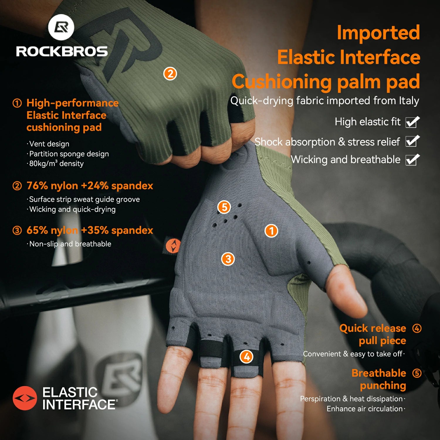ROCKBROS Elastic Interface® Half-Finger Gel Padded Cycling Gloves