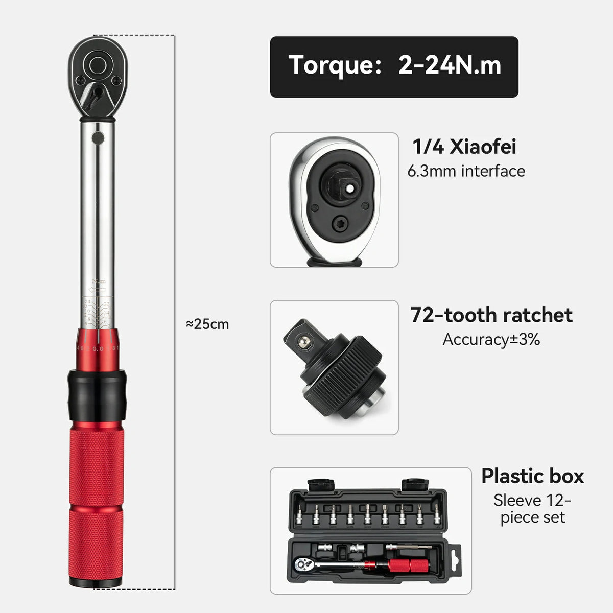 ROCKBROS 1/4 Torque 2–24Nm Micrometer Click Torque Wrench, 72-Tooth Ge