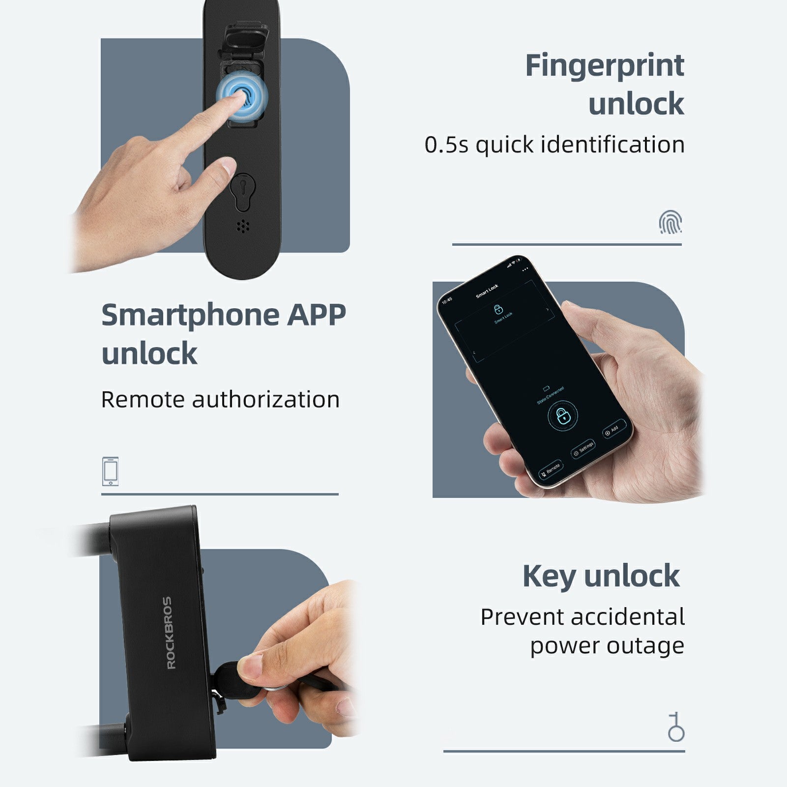 ROCKBROS Smart Bike U Lock with Fingerprint and App Control Waterproof - ROCKBROS