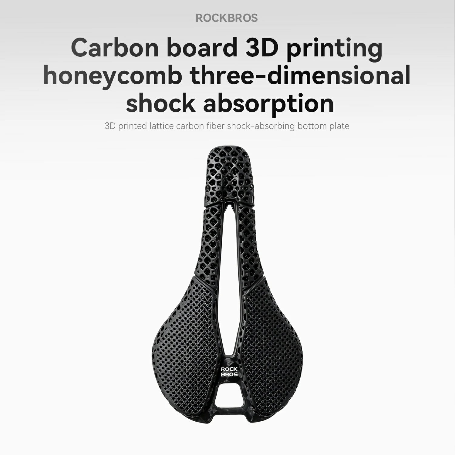 Carbon fiber bicycle seat with 3D printing honeycomb structure on a white background, featuring the brand 'RockBros'.