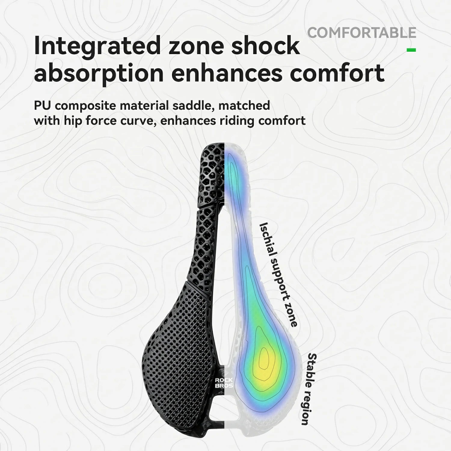 Saddle with integrated zone shock absorption on a white background