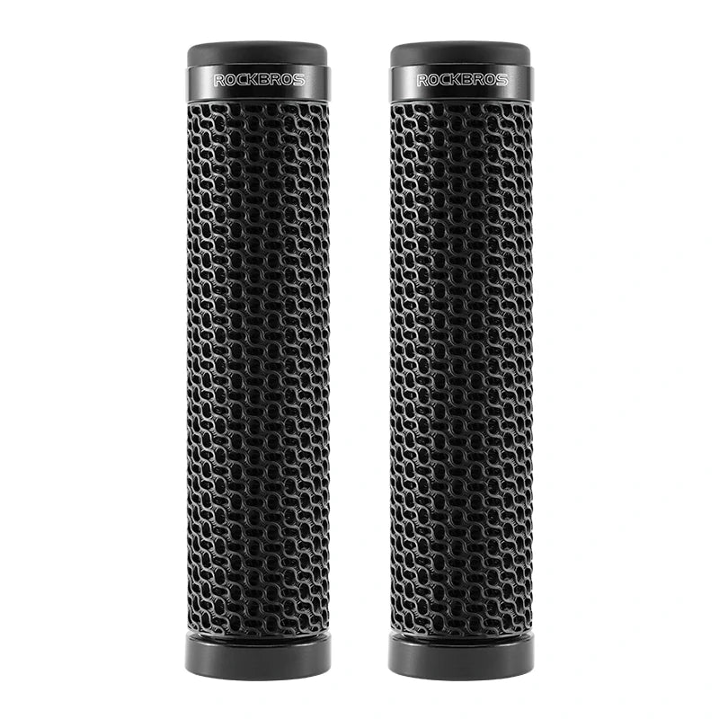 Two black handlebar grips with a honeycomb pattern and the ROCKBROS logo on a white background. #Color_Black