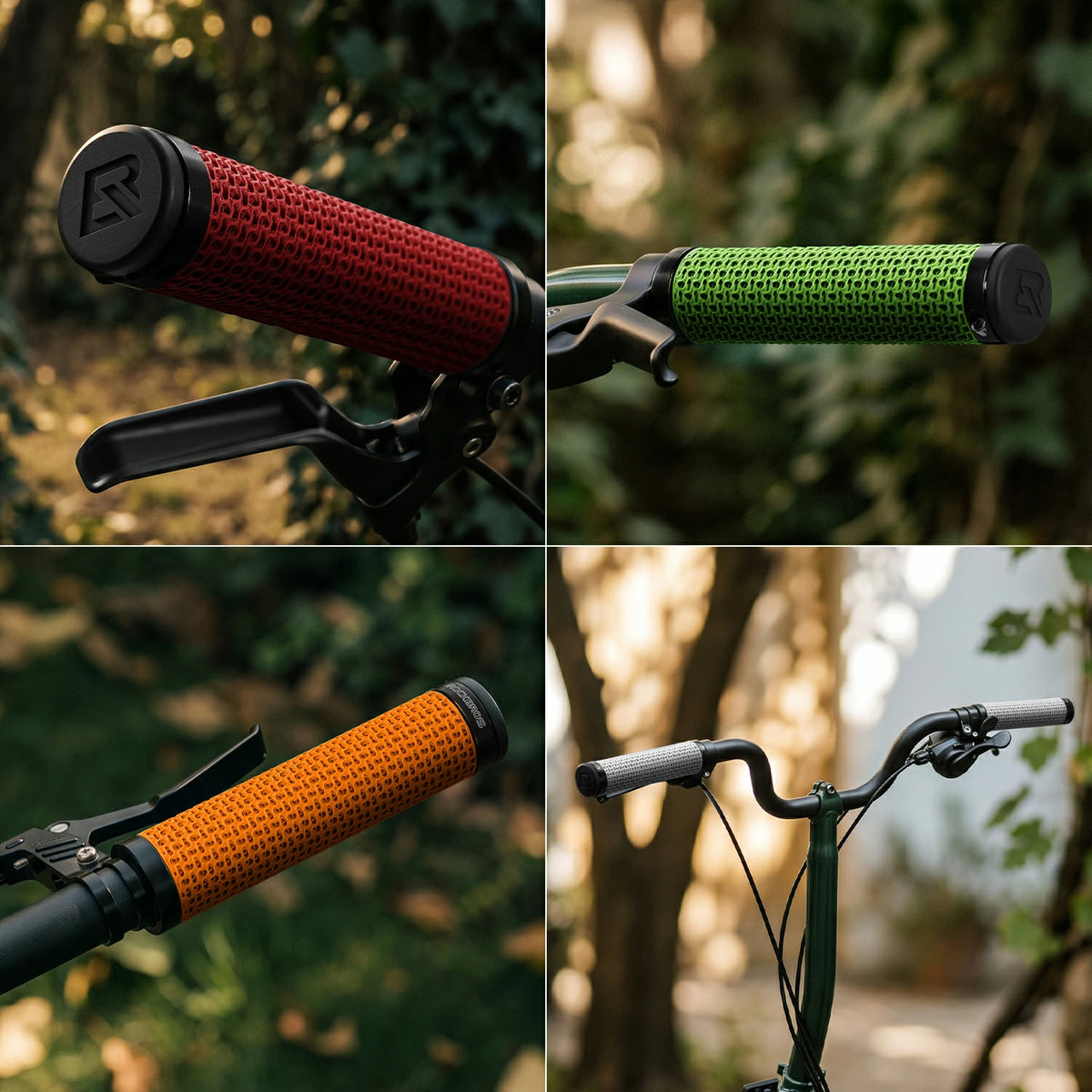 Four-panel collage showing bicycle handlebar grips in different colors: red, green, orange, and gray, installed on bike handlebars with a blurred outdoor forest background.