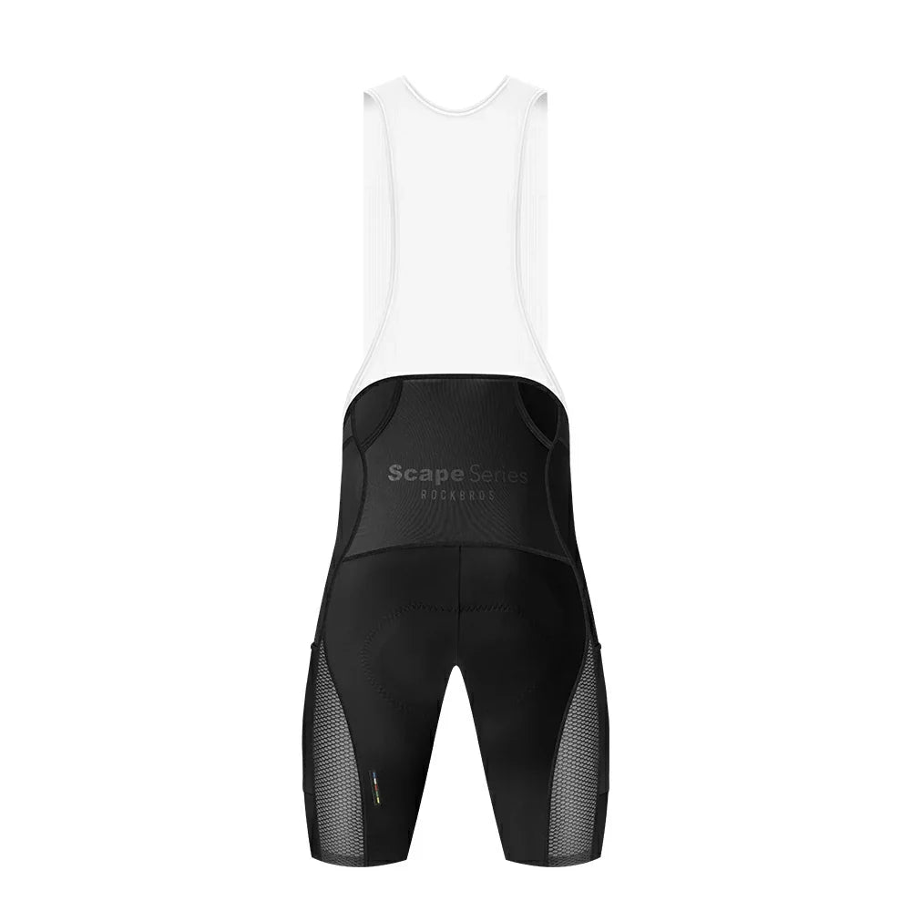 A pair of cycling bib shorts shown from the back, featuring a white upper bib section and black lower shorts with mesh side panels and a visible 'Scape Series' brand logo.