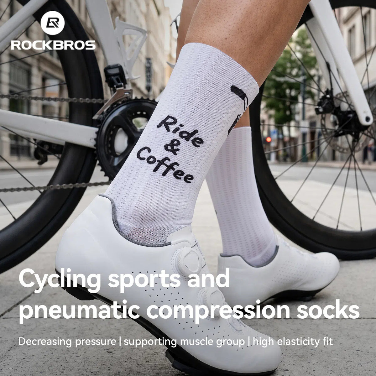 White cycling socks with the text 'Ride & Coffee' printed in black, worn on a cyclist's legs with white cycling shoes and a bicycle wheel in the background. The brand ROCKBROS is visible in the top left, and promotional text overlays the bottom of the image.