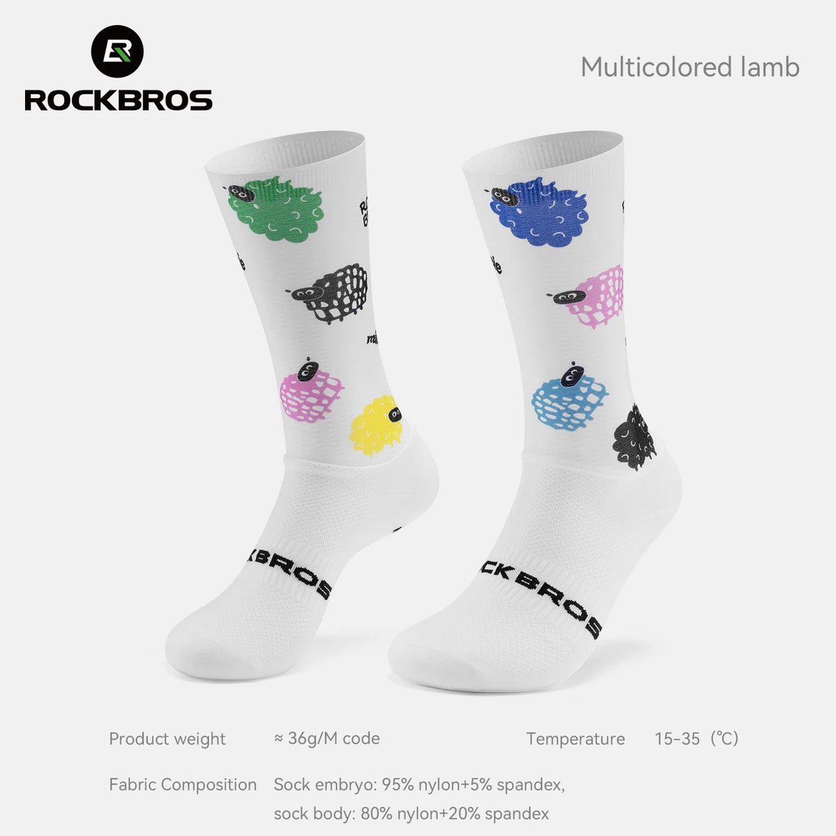A pair of white crew socks with colorful embroidered lamb designs, shown on a light gray background with product details and the ROCKBROS logo. #Color_Lamb