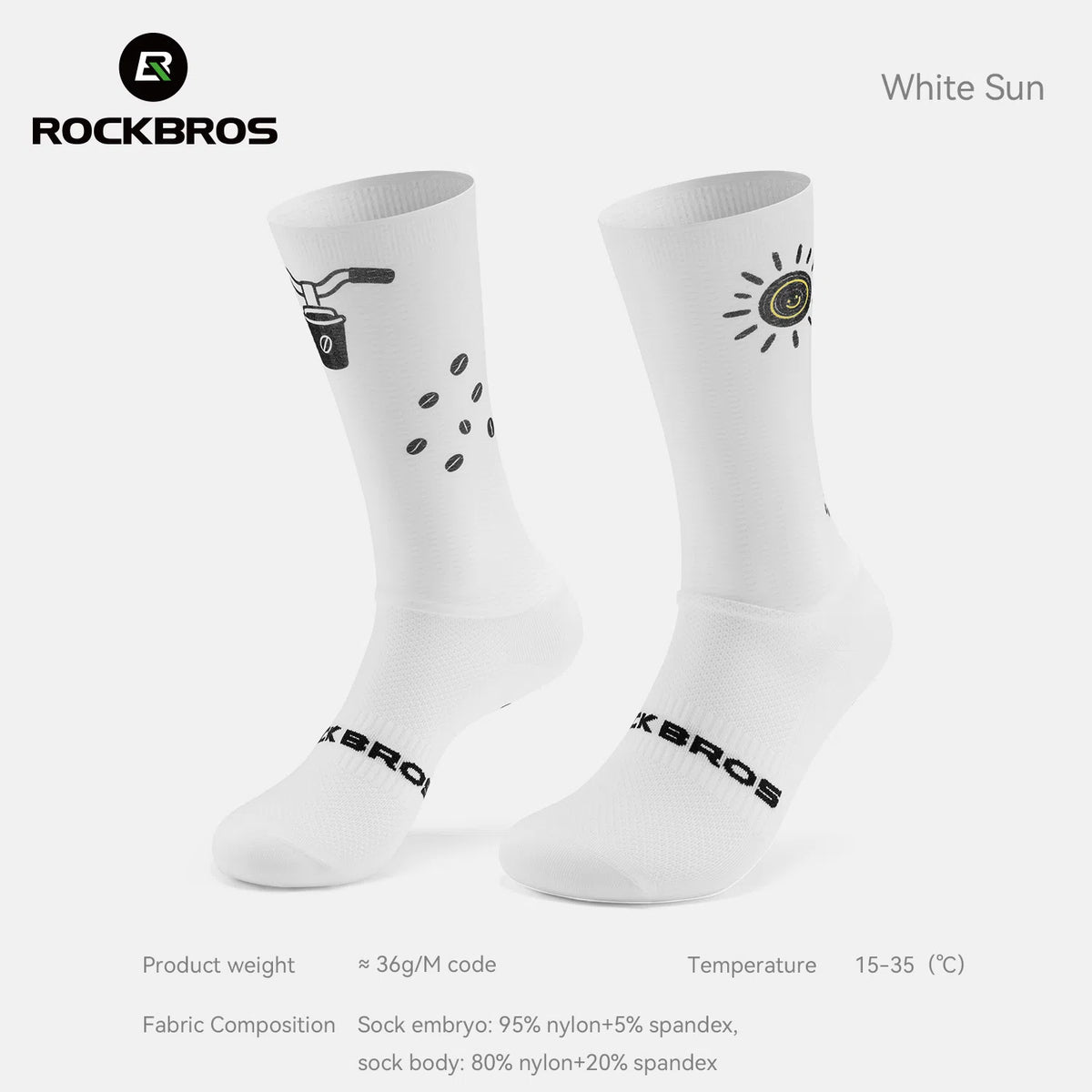 A pair of white crew socks by Rockbros, featuring a black coffee cup and bean graphic on one sock and a black sun graphic on the other, displayed on a light gray background with product specifications. #Color_Sun