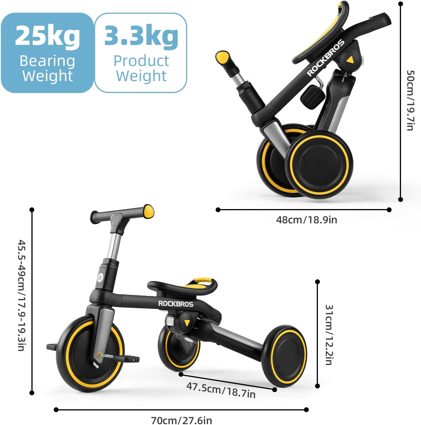 ROCKBROS 3 in 1 Kids Tricycles Adjustable Seat Height&Removable Pedals