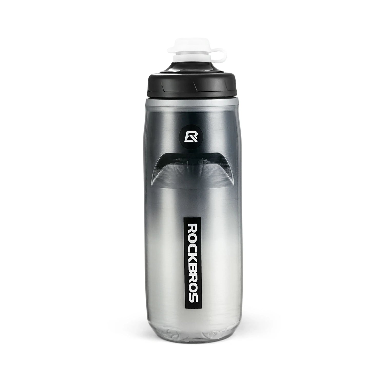 Clear water bottle with black lid and RockBros logo on a white background #Color_Black