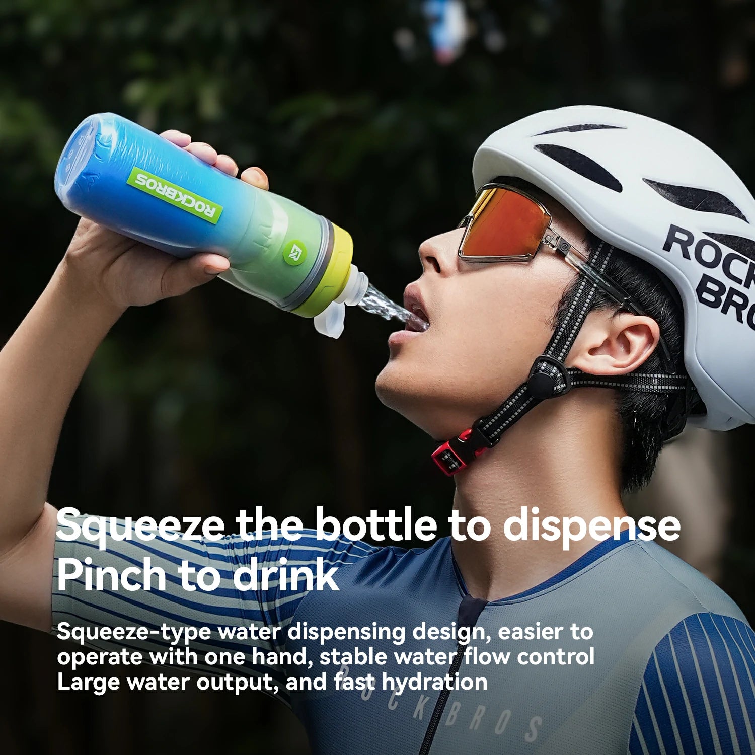 Person wearing a helmet and sunglasses, drinking from a water bottle with text on how to use it.