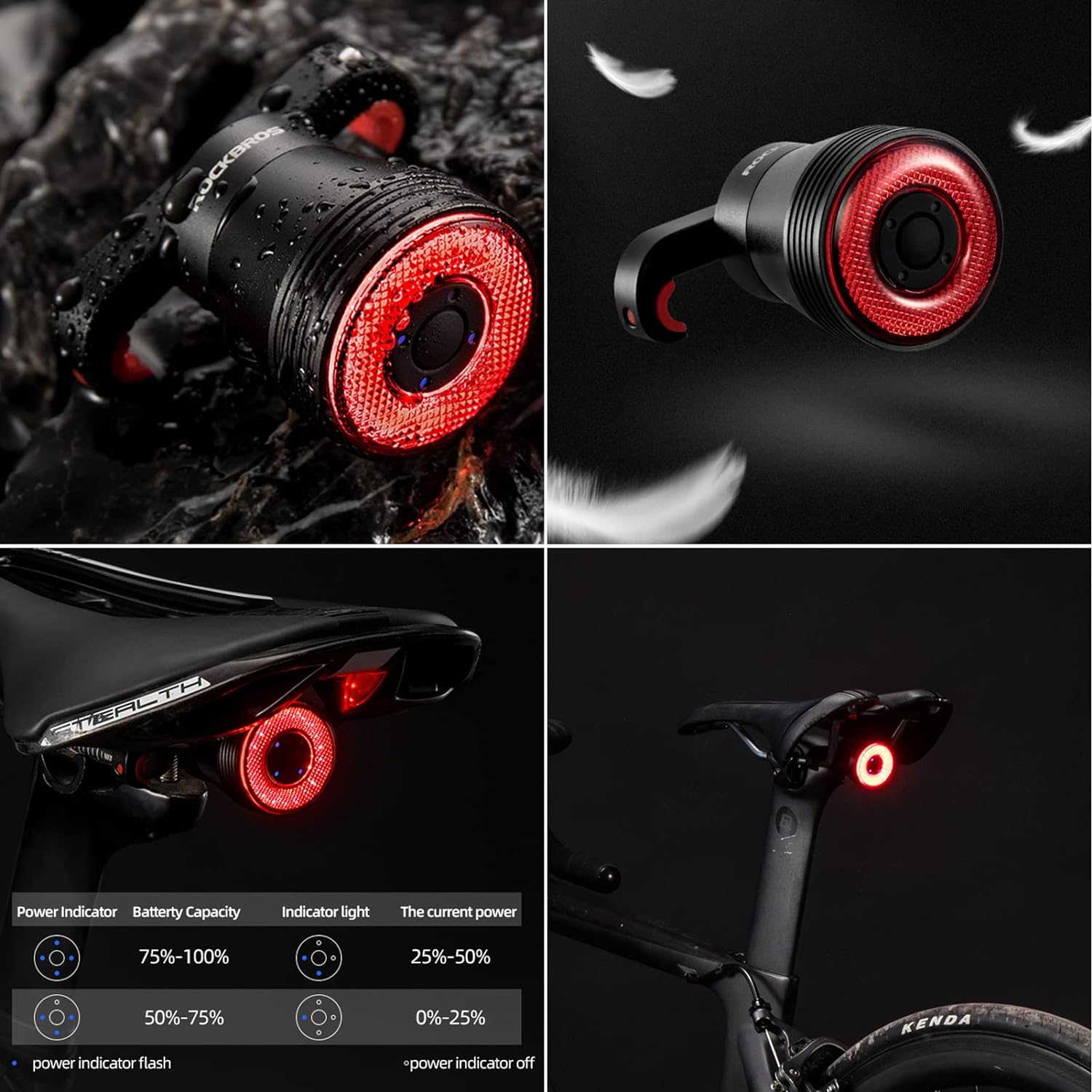 ROCKBROS Bike Tail Light Smart USB Rechargeable IPX6 Waterproof - ROCKBROS