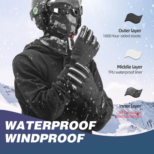 ROCKBROS Winter Ski Gloves Waterproof 3M Thinsulate Touch Screen Thermal Mittens