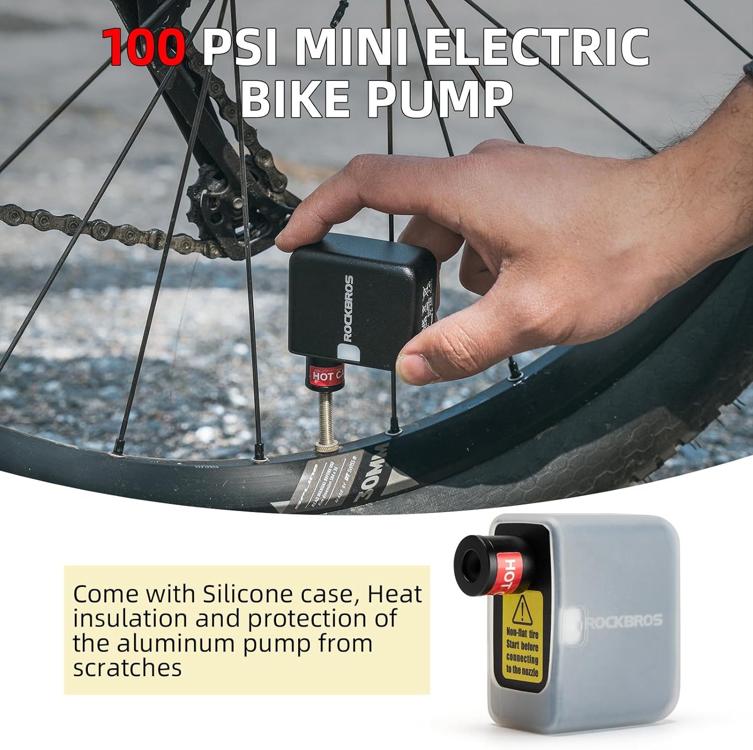 ROCKBROS Mini Pompe Électrique Vélo 100 PSI – Ultra Portable Type-C, Rechargeable, Pour VTT Route Ville