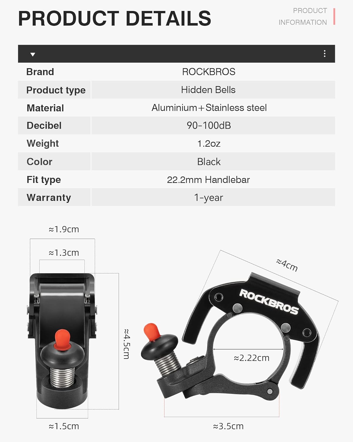 ROCKBROS Bike Bells Hidden for 22.2mm Handlebars More Than 100dB - ROCKBROS