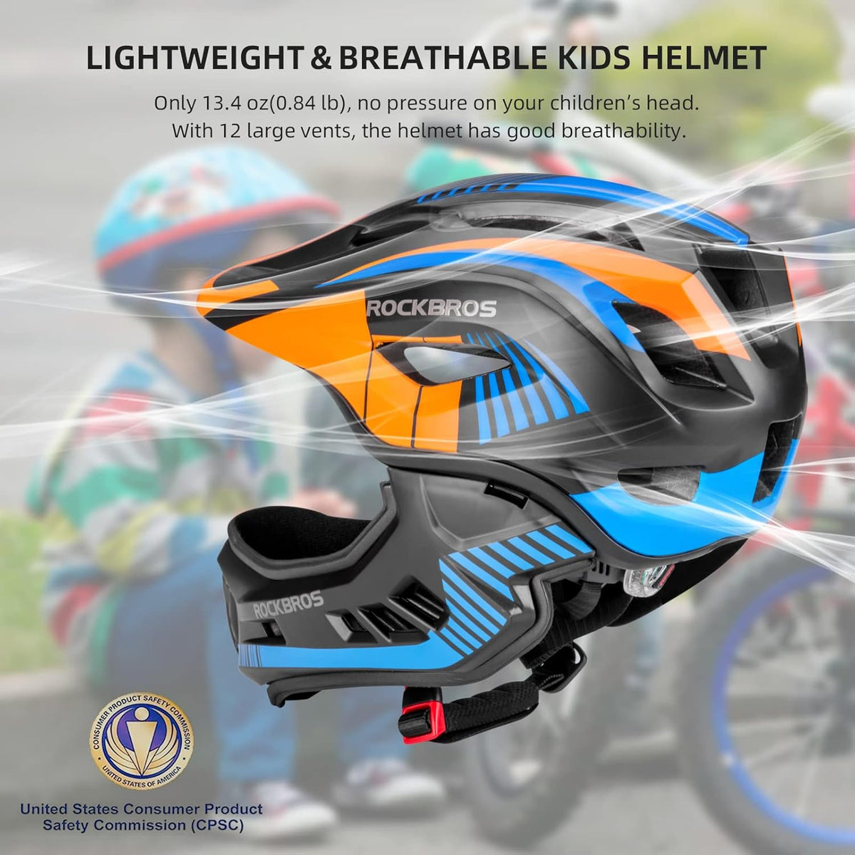ROCKBROS Kids Full Face Helmet Detachable for Youth Child Boys Girls Ages 3-16, Black Orange / S(18.9-20.9inch)