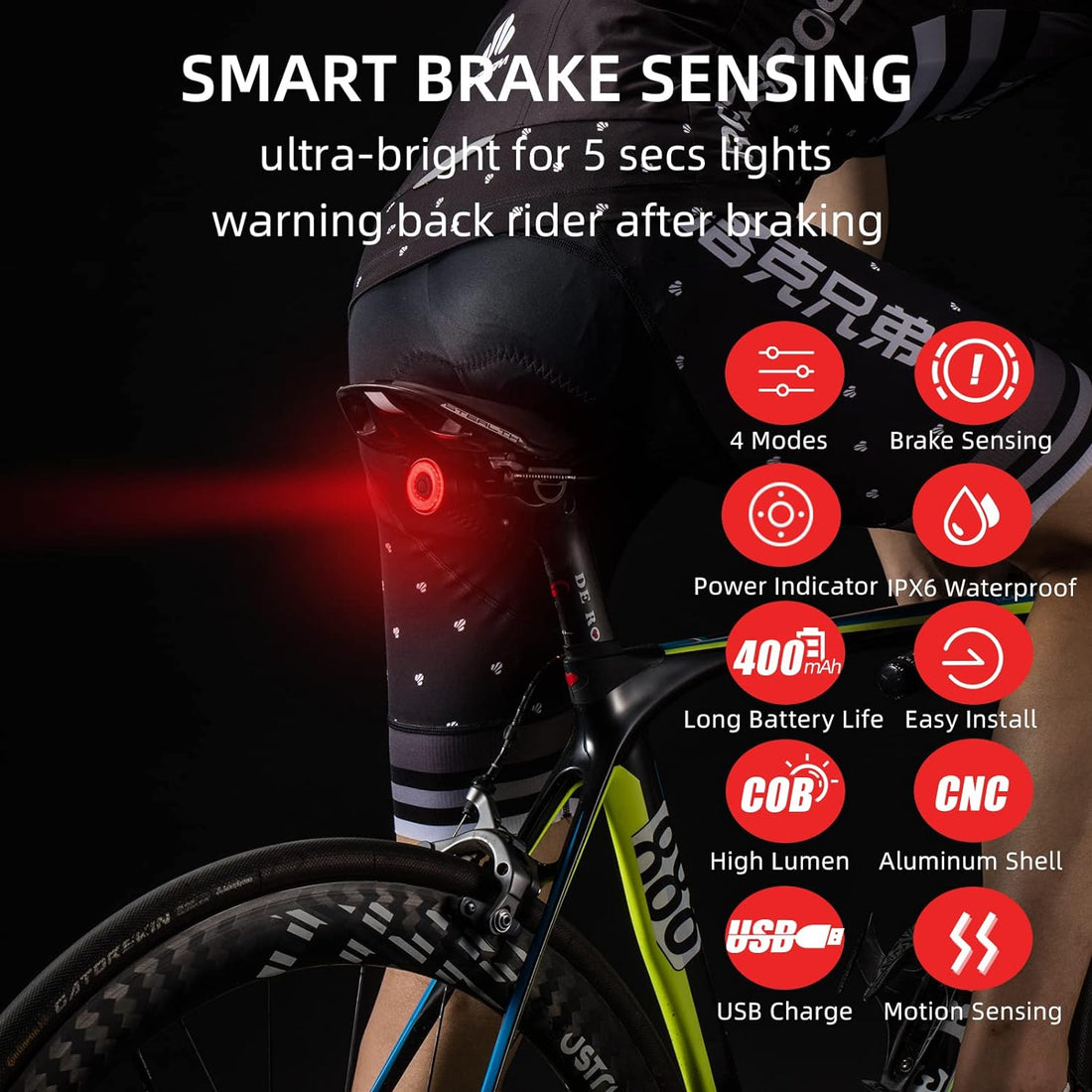 ROCKBROS Bike Tail Light Smart USB Rechargeable IPX6 Waterproof