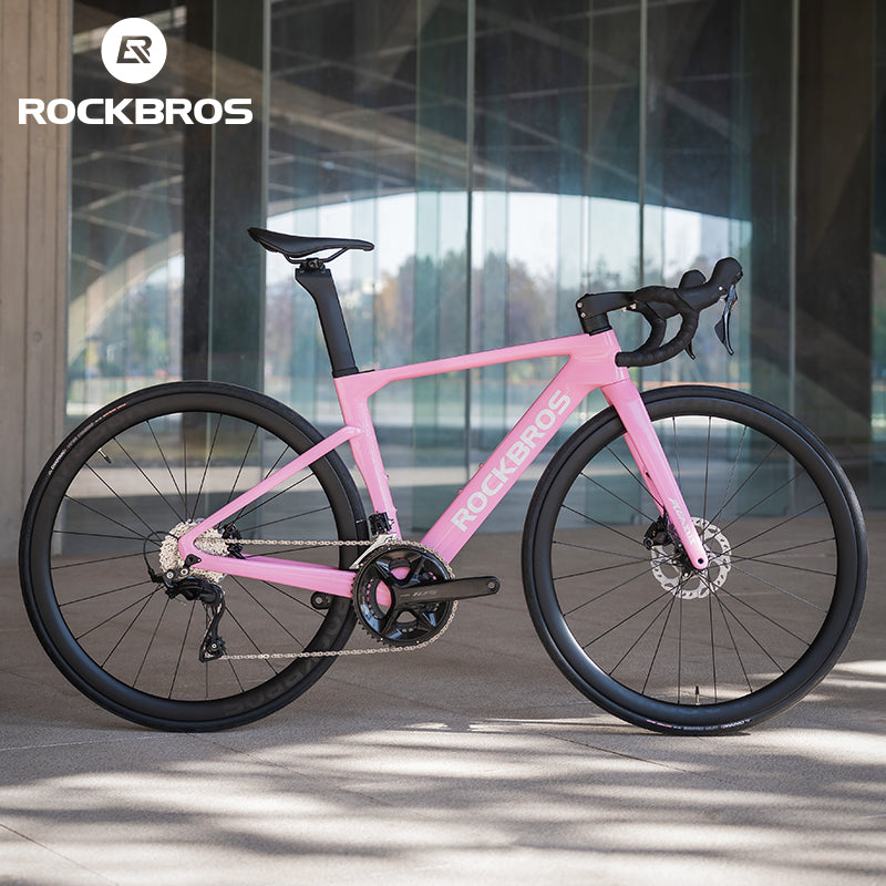 ROCKBROS T700 Carbon Fiber Aerodynamic Road Bike 105 Electronic Shifting Disc Brakes Pink