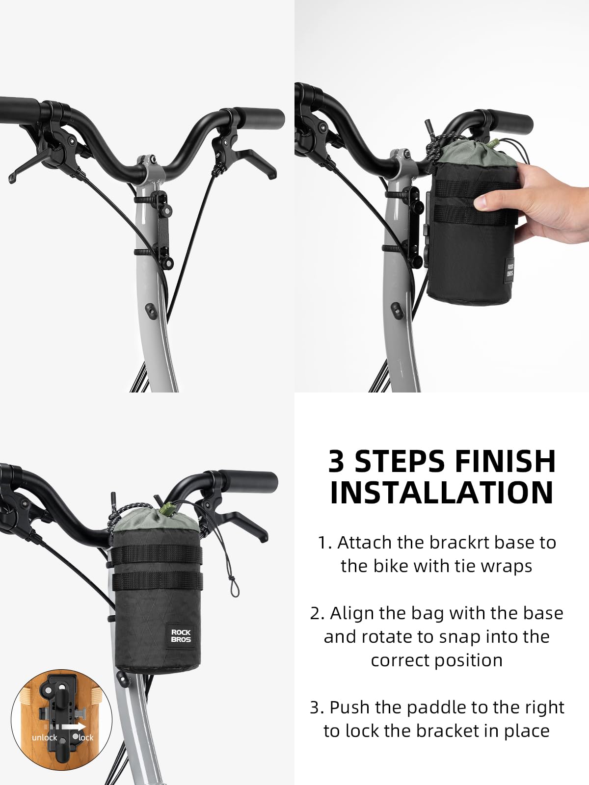 Bicycle handlebar bag installation guide with step-by-step instructions.