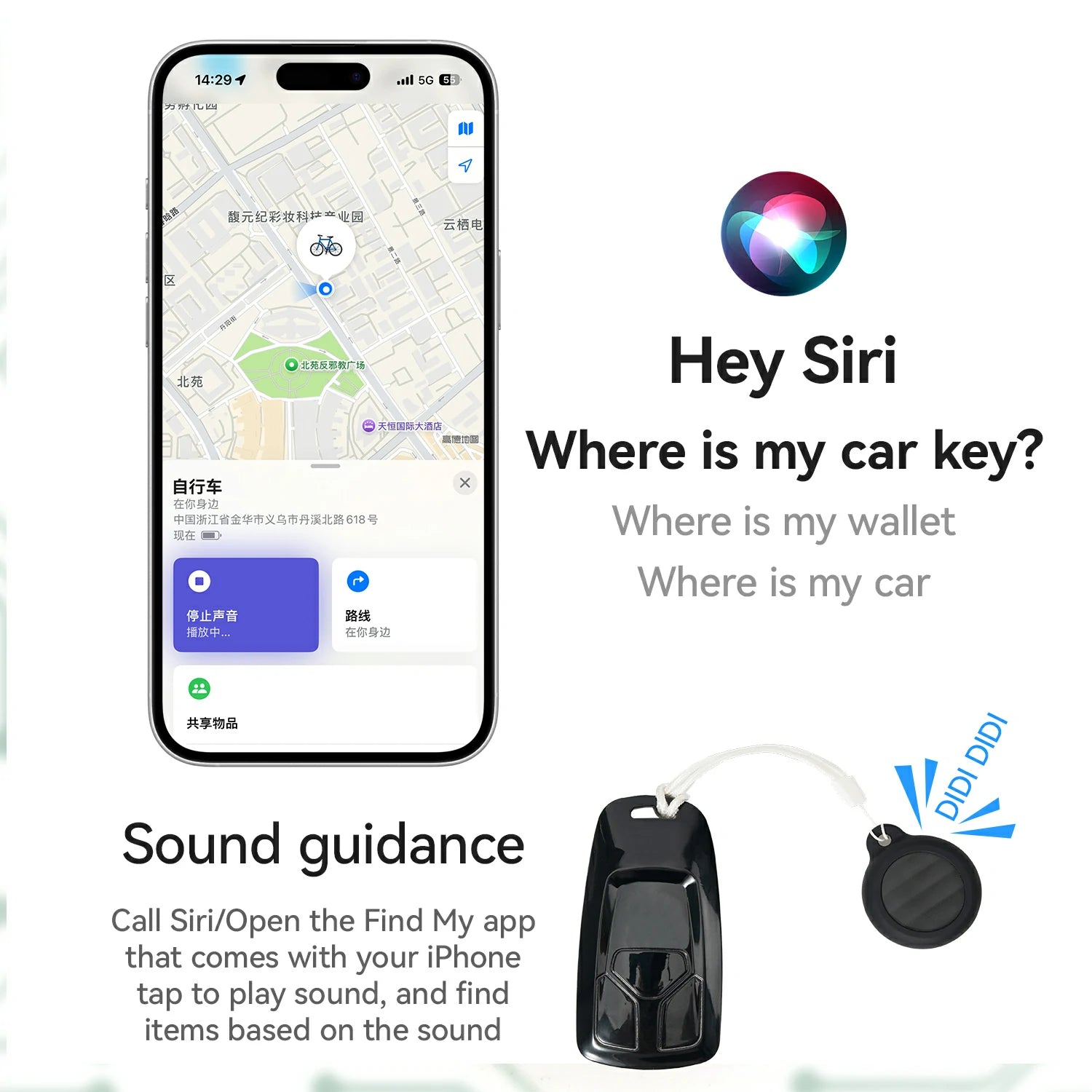 Smartphone with map app and car tracker device with sound guidance feature.