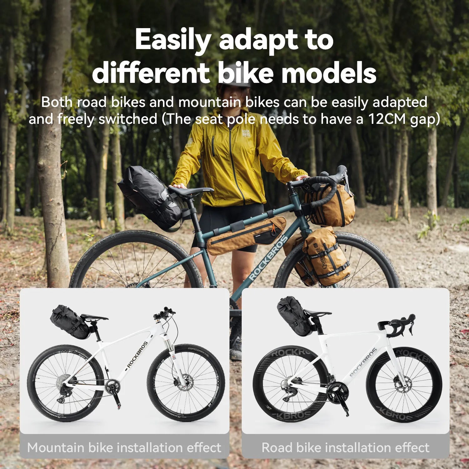 Person with a bike in a forest setting with text about bike model adaptability.