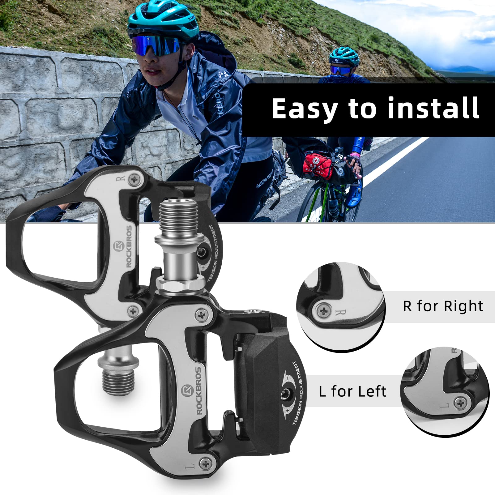 ROCKBROS Lightweight Clipless Pedals with Cleats Compatible with SPD-SL - ROCKBROS