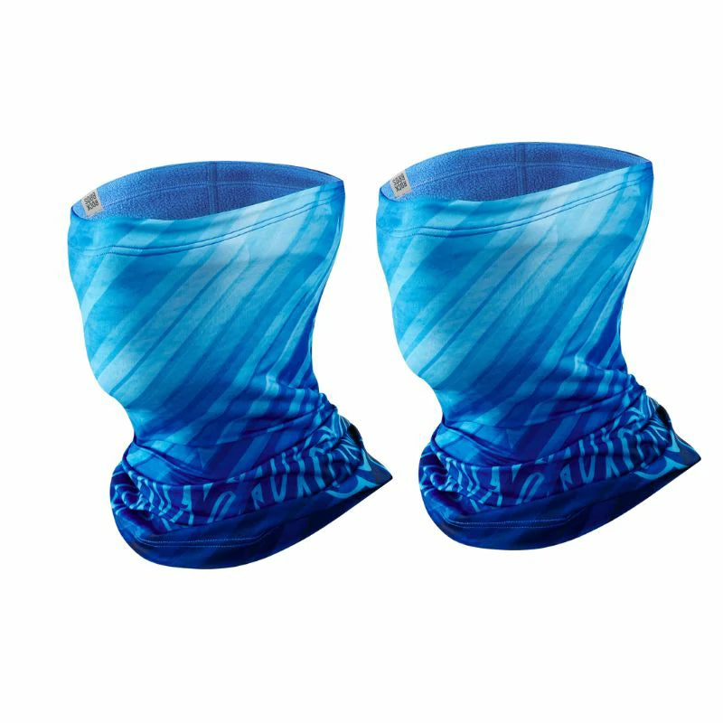 Two blue patterned neck gaiters on a white background #Color_Blue Color2_Blue2