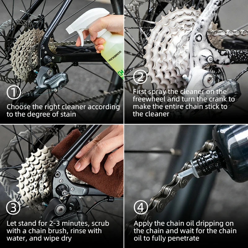 Step-by-step guide on cleaning and oiling a bicycle chain with images and text instructions.
