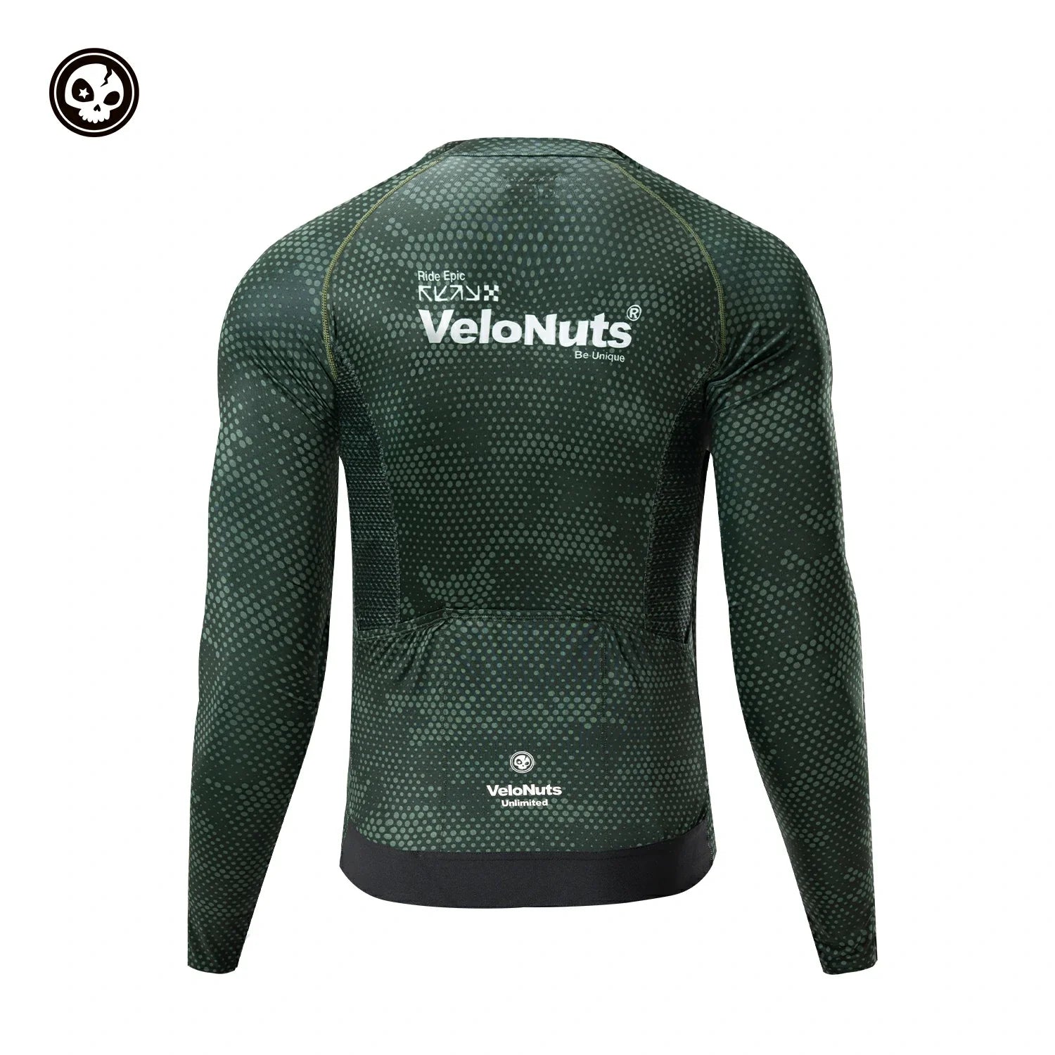 Green long-sleeve athletic shirt with 'VeloNuts' branding on a white background #color_green